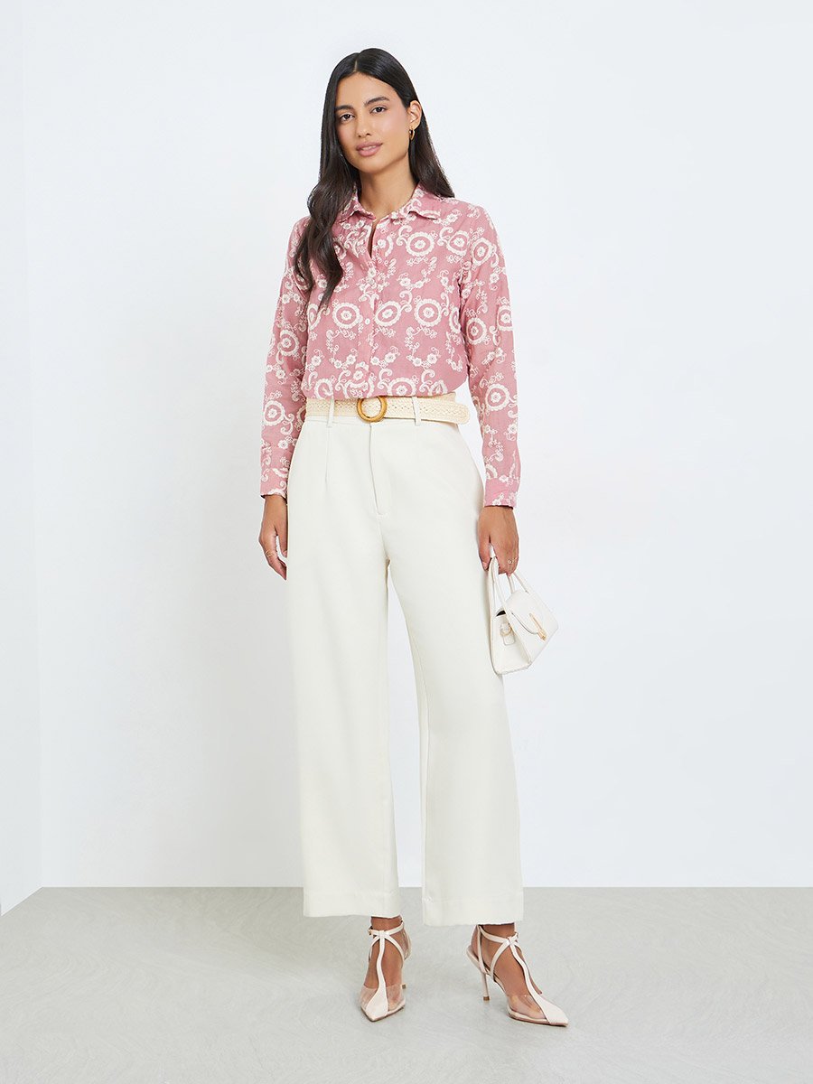 Pink Embroidered Cotton Regular Fit Shirt