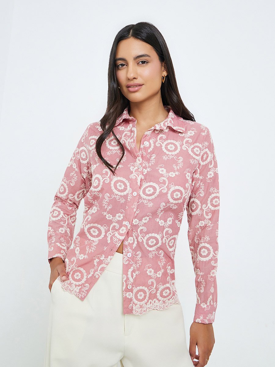 Pink Embroidered Cotton Regular Fit Shirt