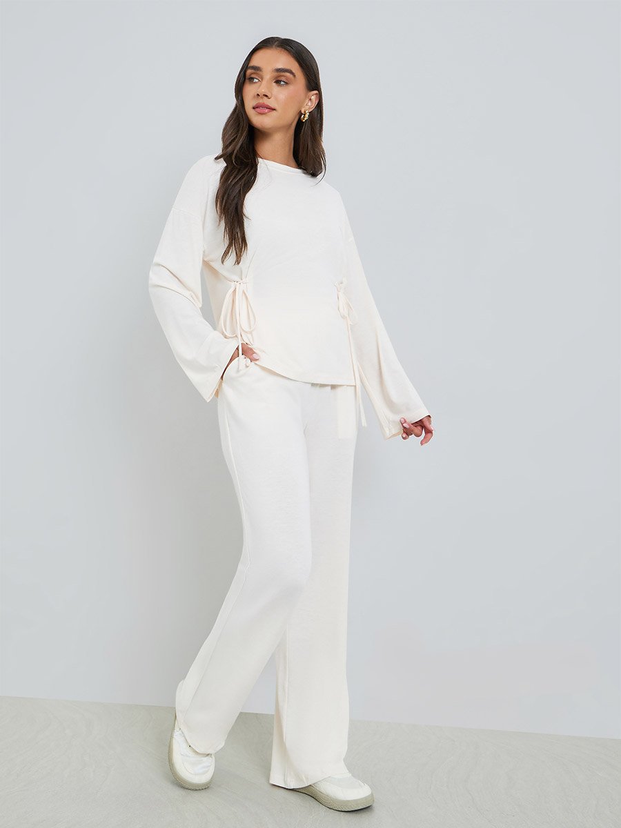 Women Beige Side-Tie Top and Wide Leg Joggers Co-Ords