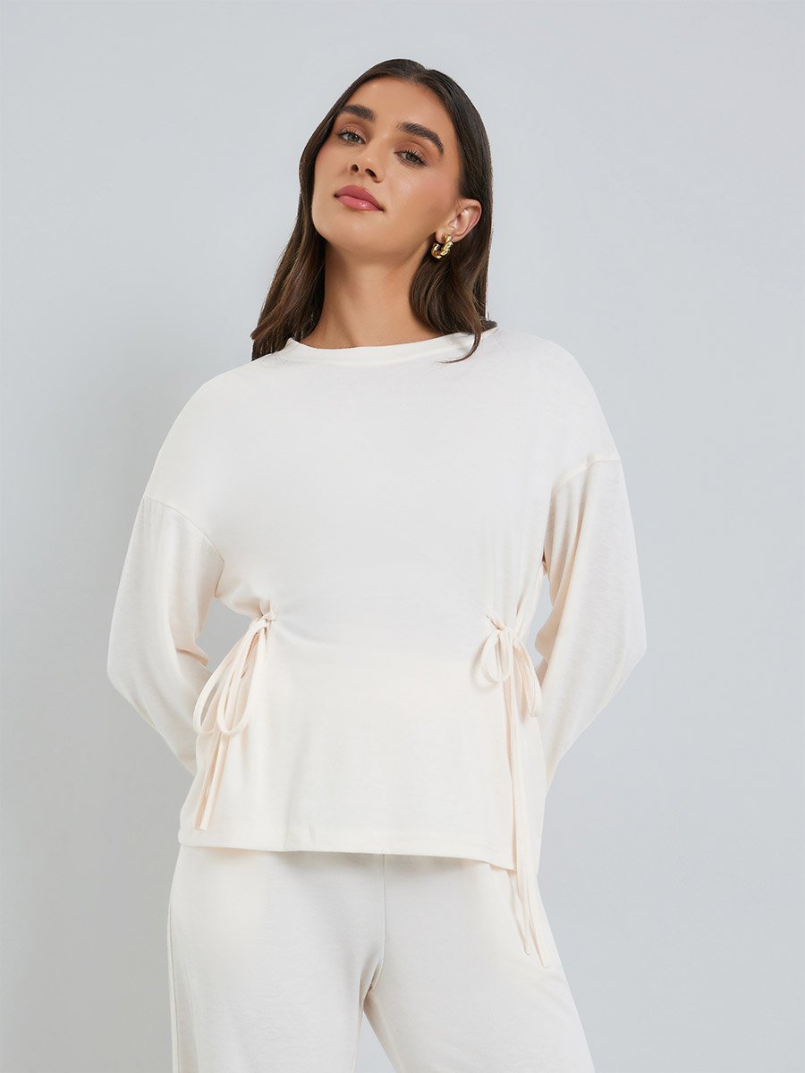 Women Beige Side-Tie Top and Wide Leg Joggers Co-Ords