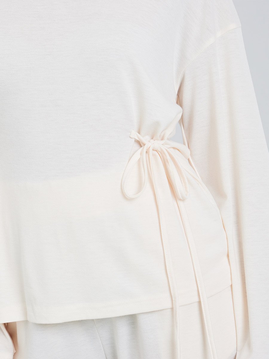 Women Beige Side-Tie Top and Wide Leg Joggers Co-Ords