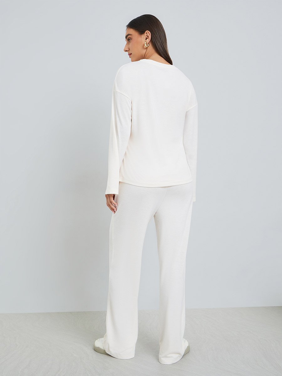 Women Beige Side-Tie Top and Wide Leg Joggers Co-Ords