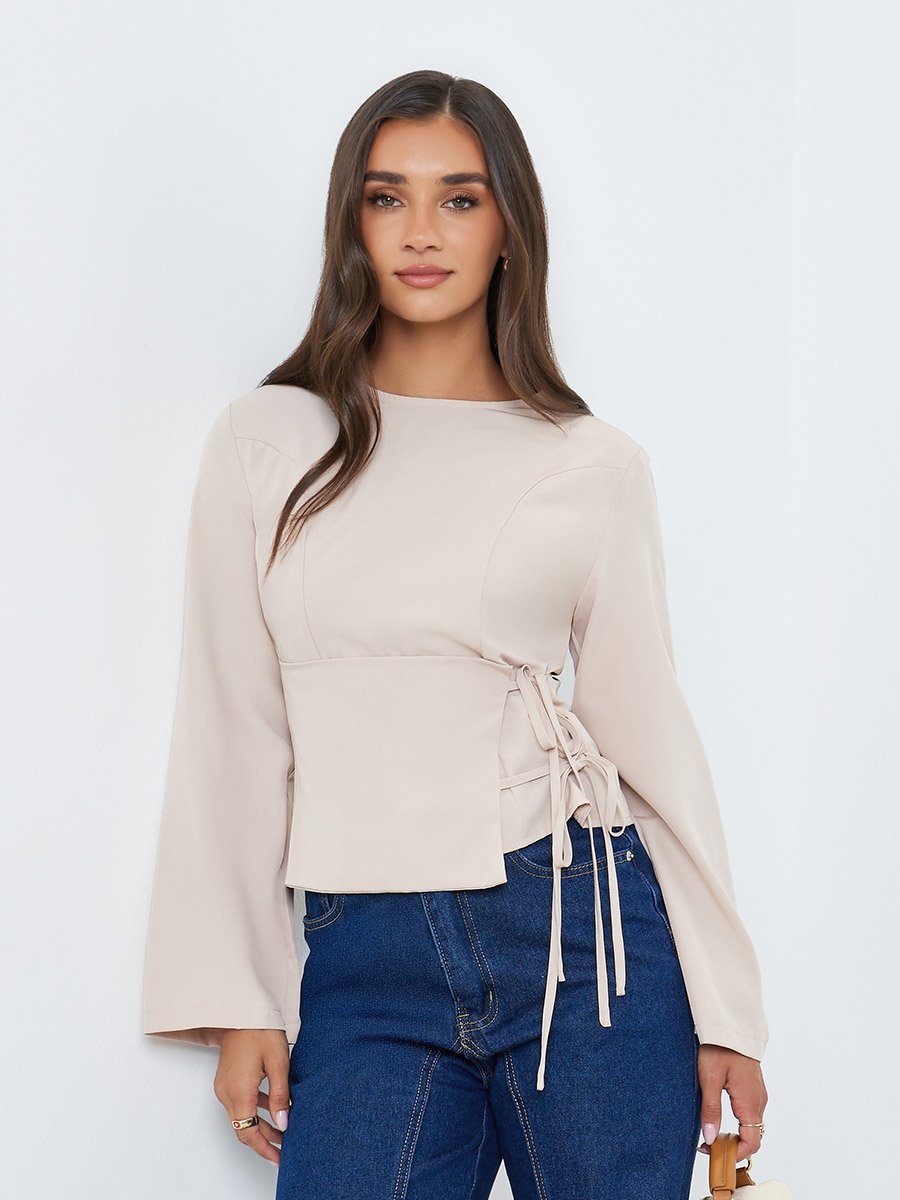 Women Beige Side Tie Long Sleeve Blouse