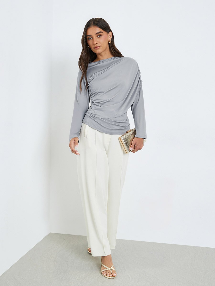 Women Grey Asymmetric Long Sleeve Top