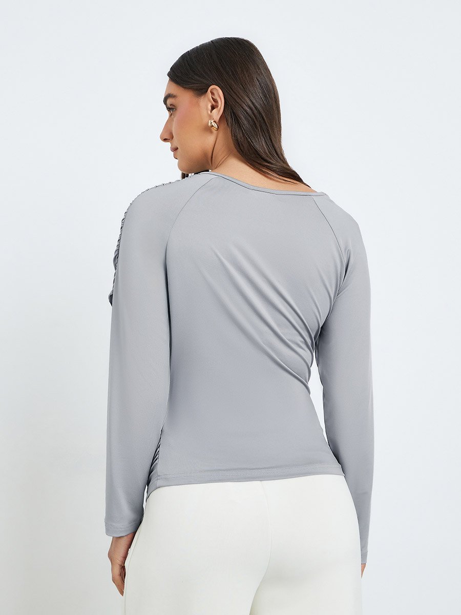 Women Grey Asymmetric Long Sleeve Top