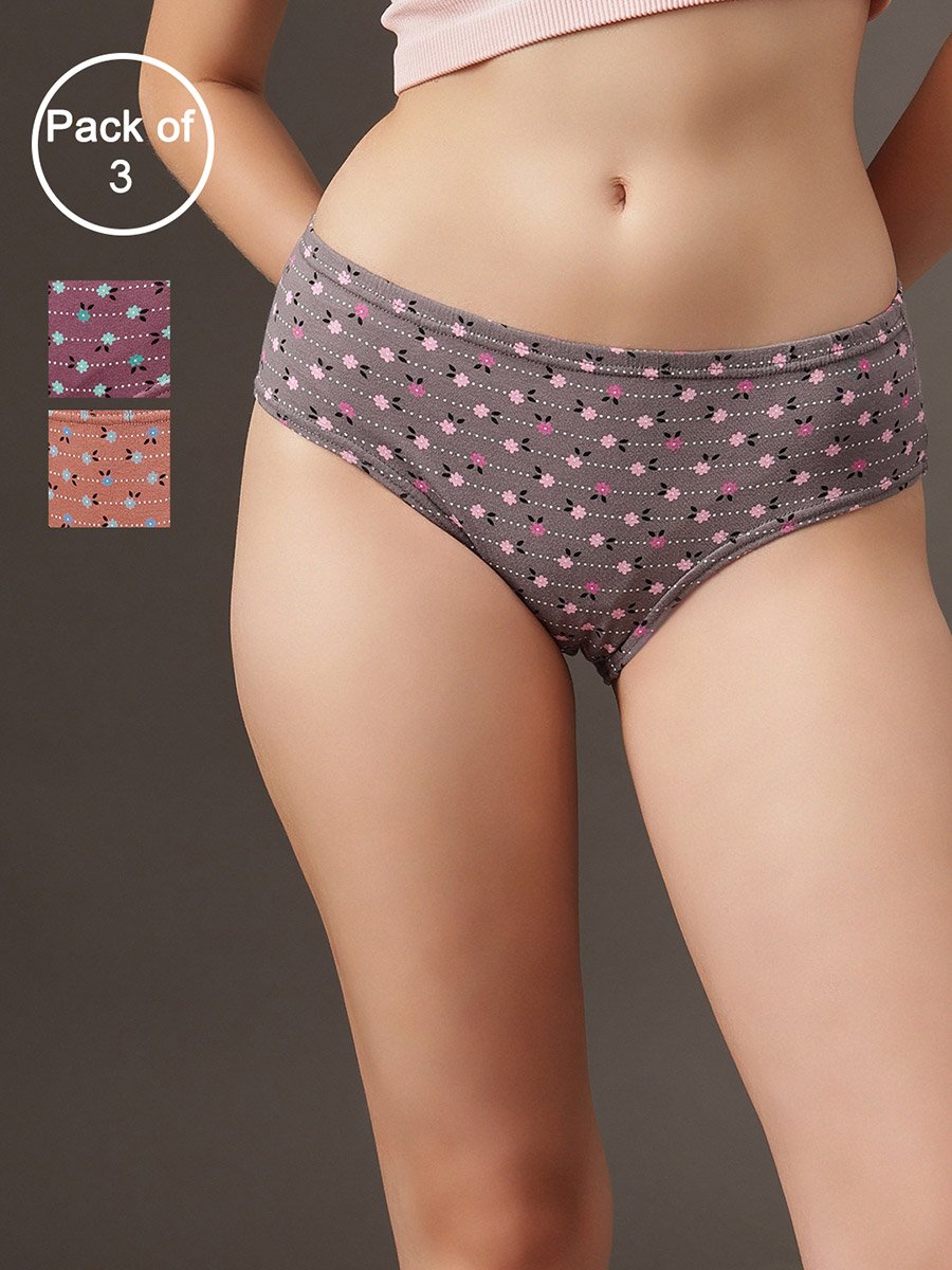 Pack of 3 - Printed Mid Waist Hipster Panties - 100% Cotton
