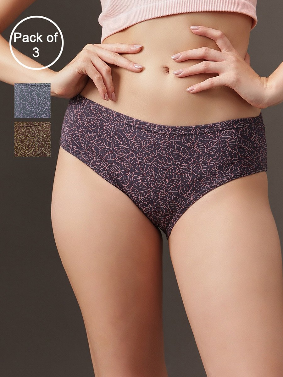 Pack of 3 - Leaf Print Mid Waist Hipster Panties- 100% Cotton