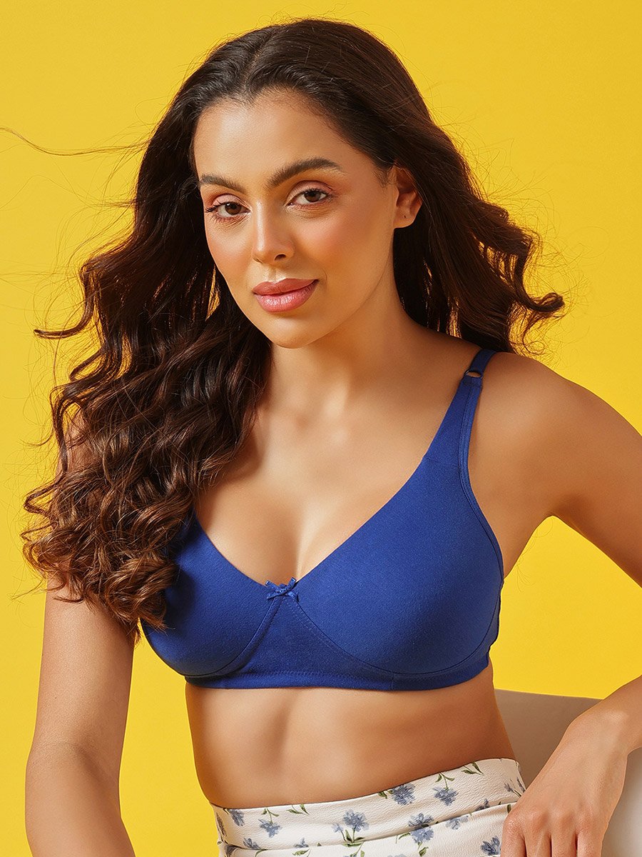 Cotton Non-Padded Non-Wired Full Coverage T-shirt Bra in Blue