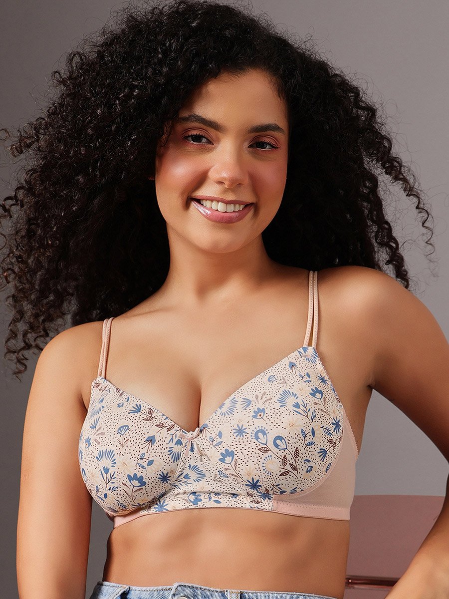Padded Non-Wired Full Coverage Floral Print T-shirt Bra