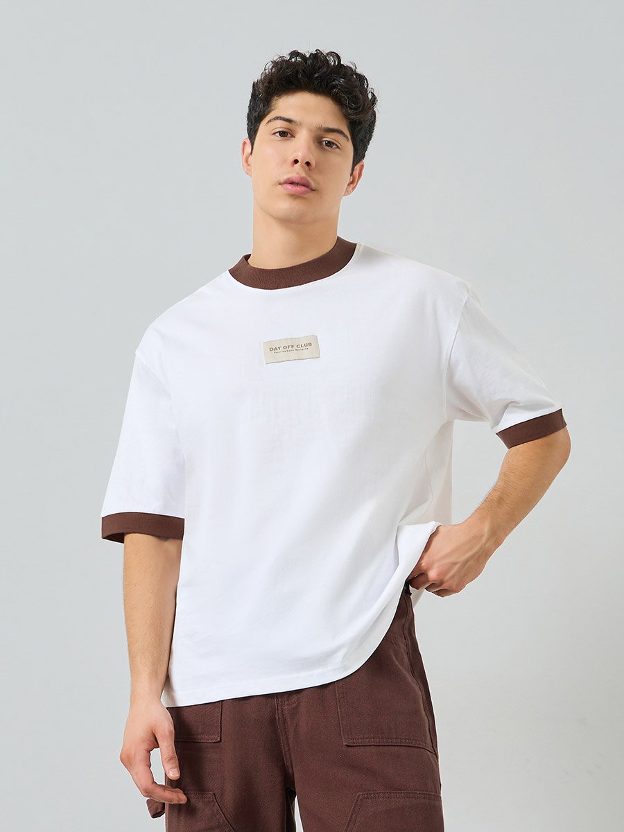 Men White Applique Detail Cotton Oversized Ringer T-Shirt