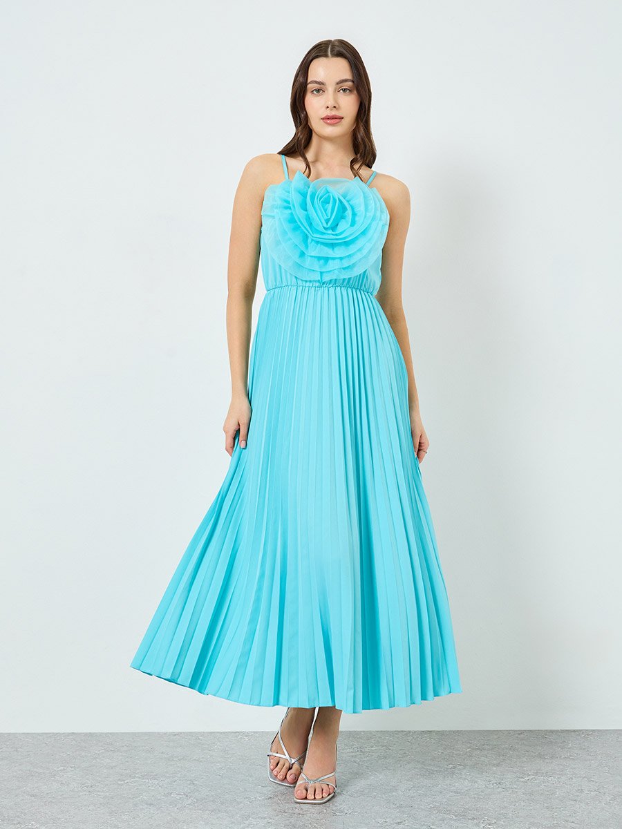 Women Teal Big Flower Detail Sleeveless Maxi Dress