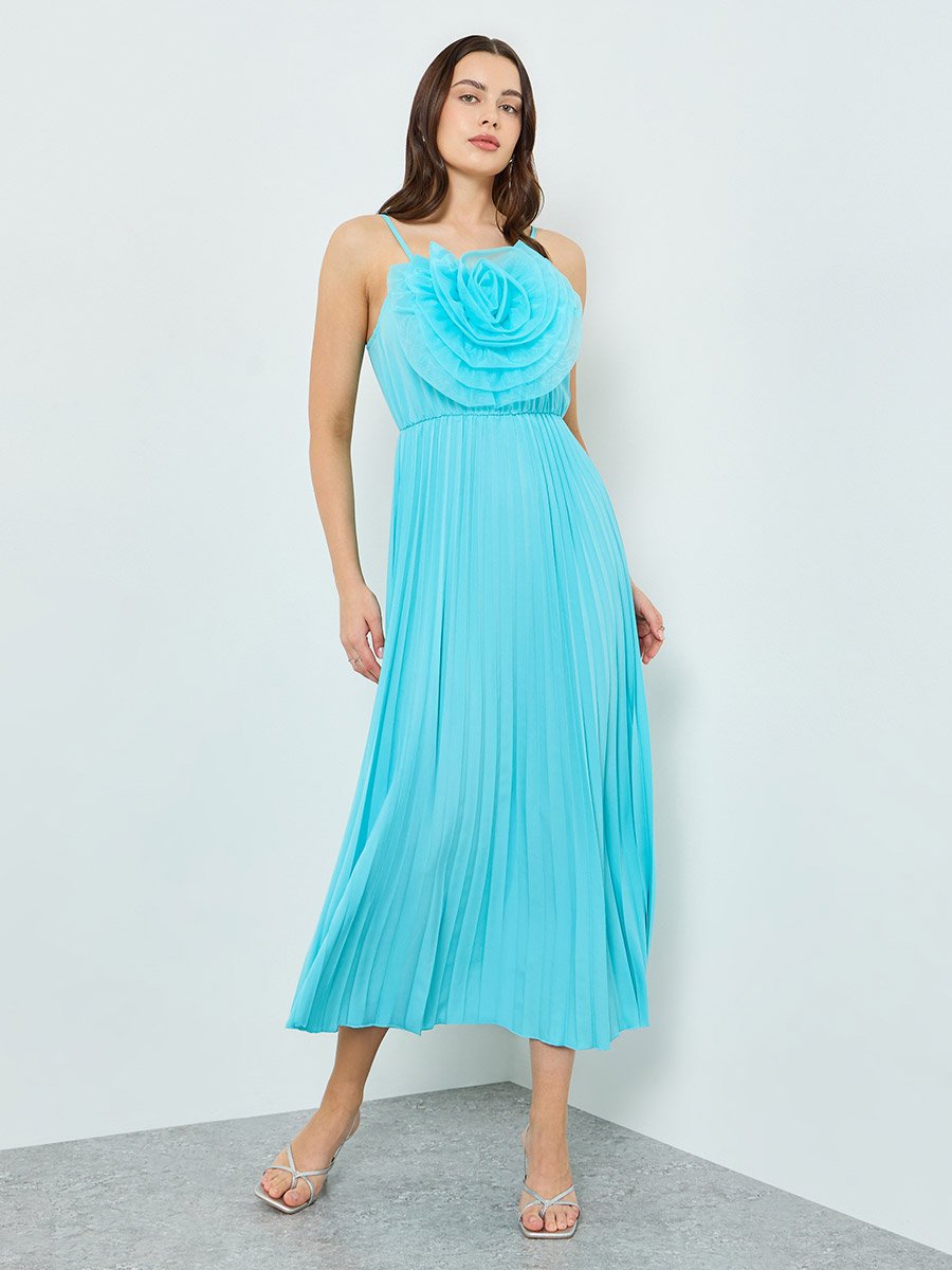 Women Teal Big Flower Detail Sleeveless Maxi Dress