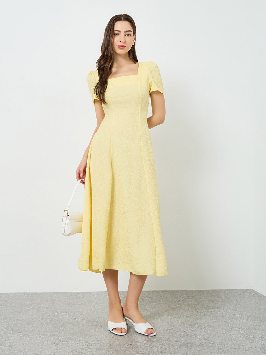 Women Yellow Textured Square Neck Fitted Waist Midi Dress For Women at Kuwait | Styli Women Yellow Textured Square Neck Fitted Waist Midi Dress For Women at Kuwait | Styli