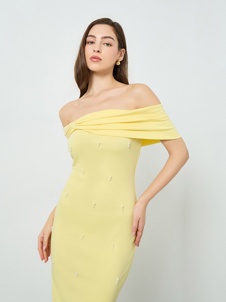 Women Yellow Faux Pearl Embellished Off Shoulder Maxi Dress For Women at  Bahrain | Styli