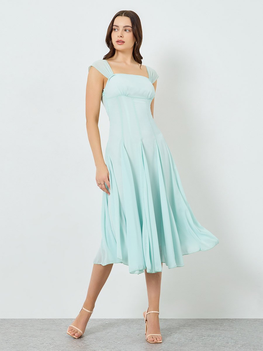 Women Turquoise Sleeveless Fitted Waist Midi Dress