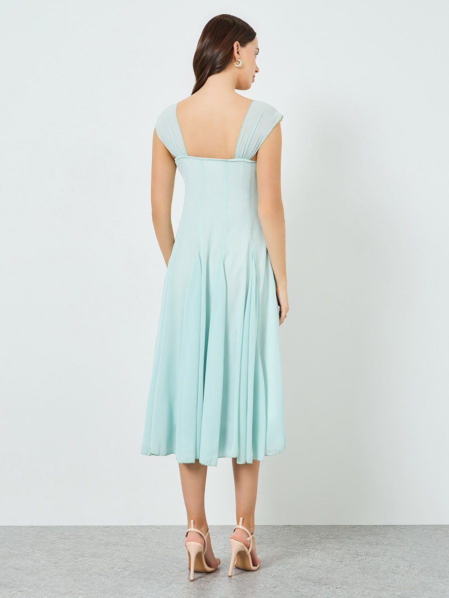 Women Turquoise Sleeveless Fitted Waist Midi Dress
