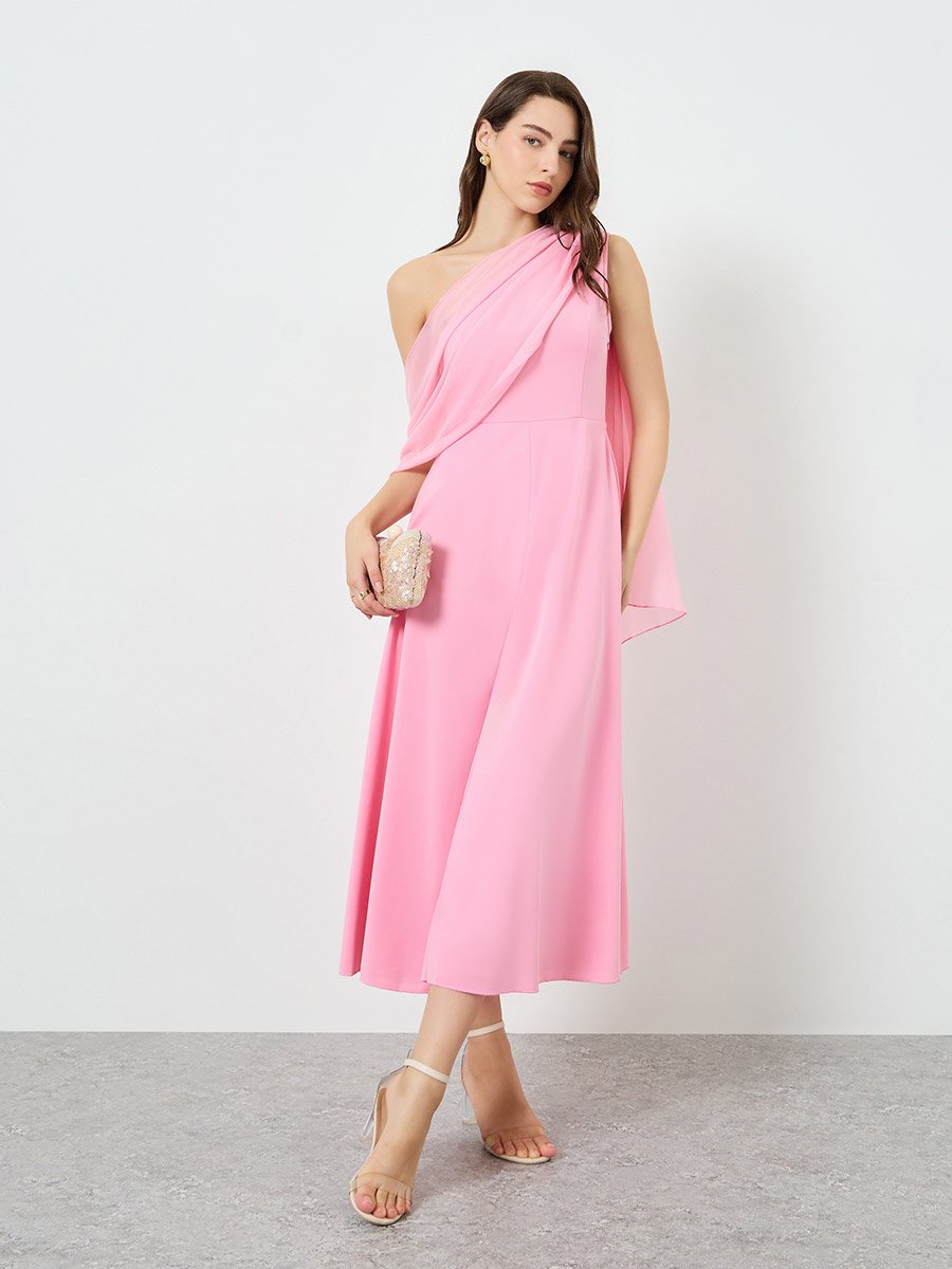 Women Pink Fitted Waist Cape Sleeve Midi Dress For Women at Bahrain | Styli