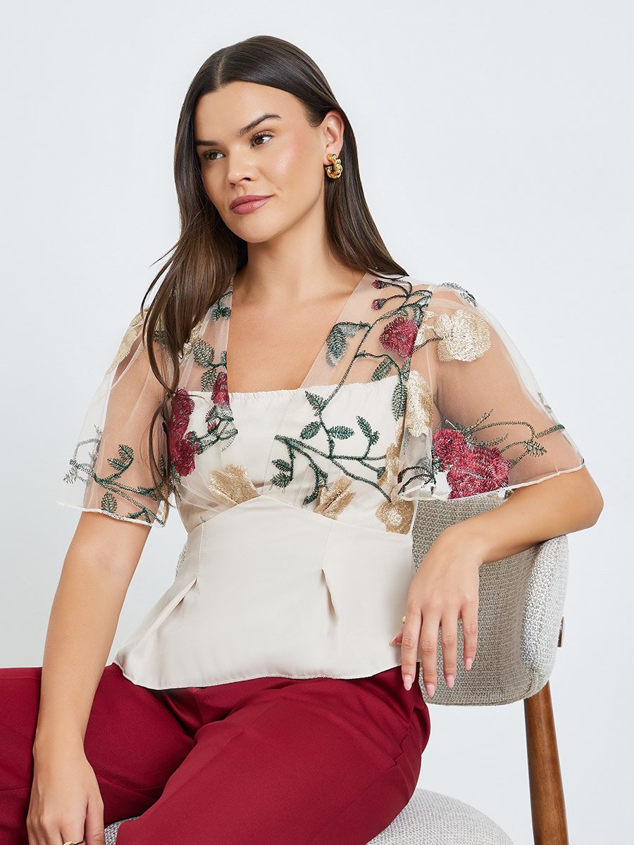 Women Flower Embroidery Mesh Overlay Top