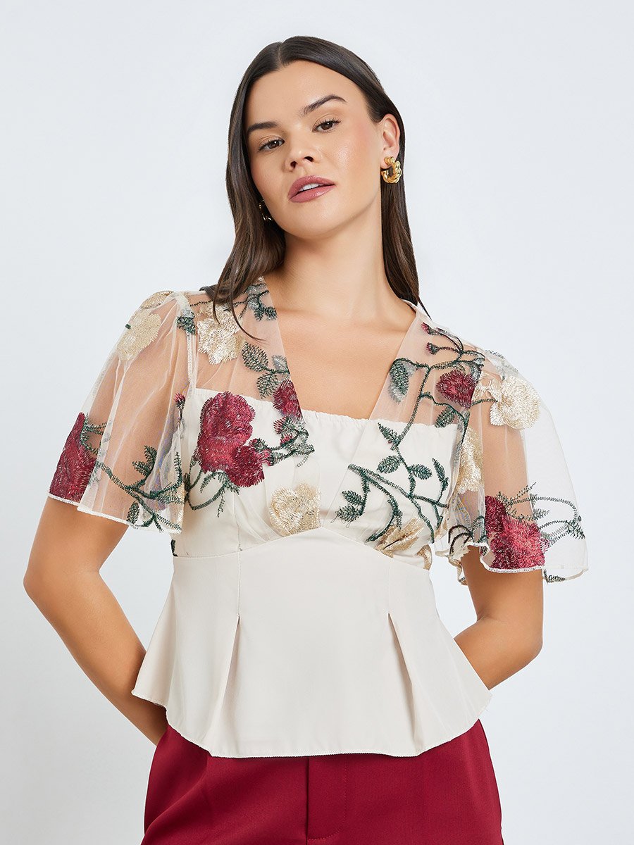 Women Flower Embroidery Mesh Overlay Top