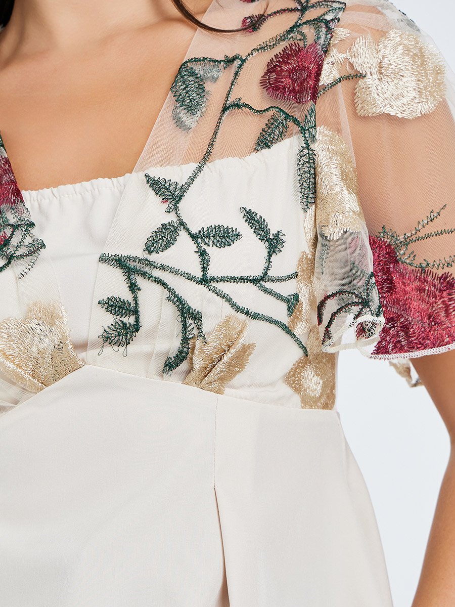 Women Flower Embroidery Mesh Overlay Top