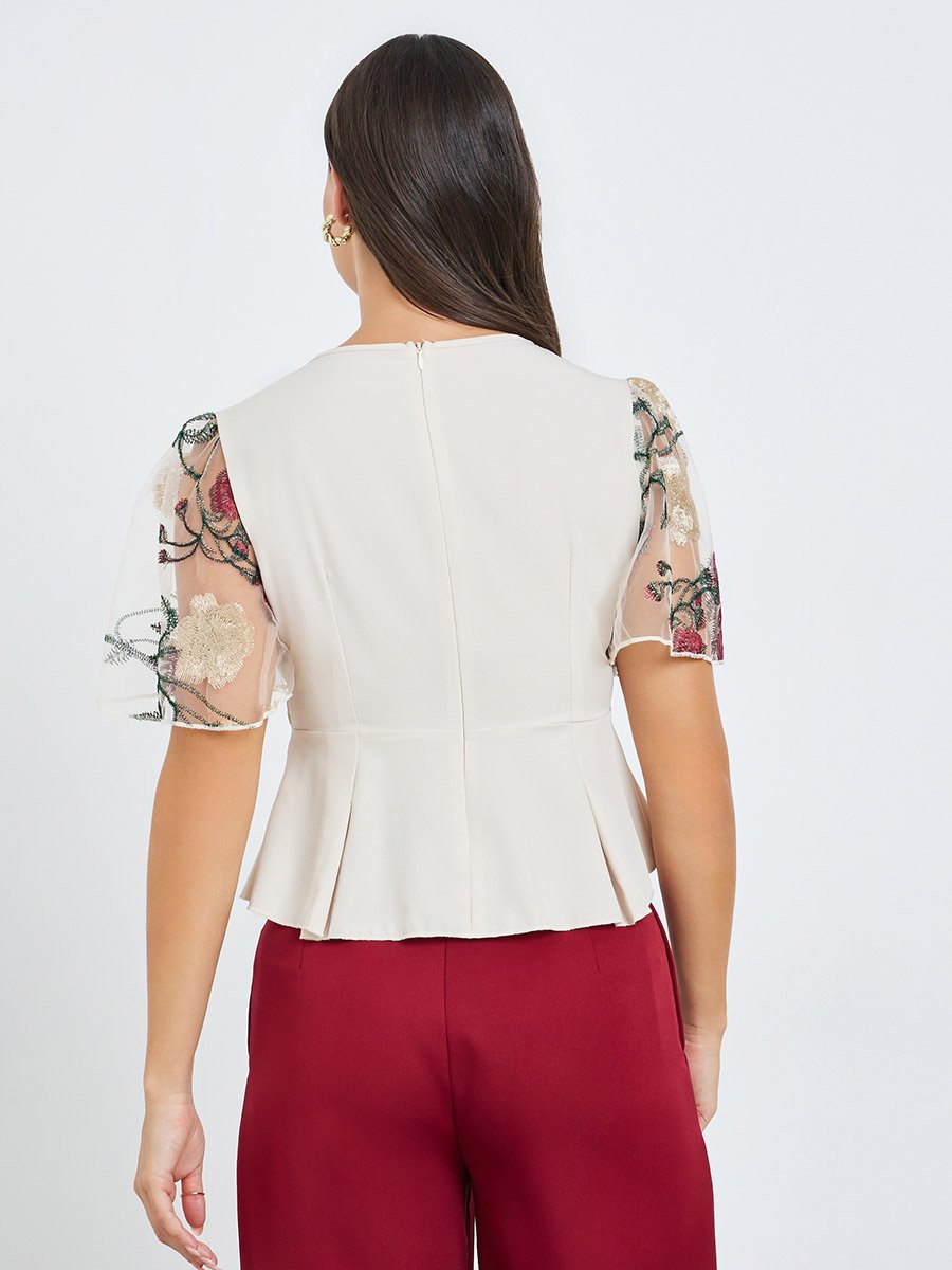 Women Flower Embroidery Mesh Overlay Top