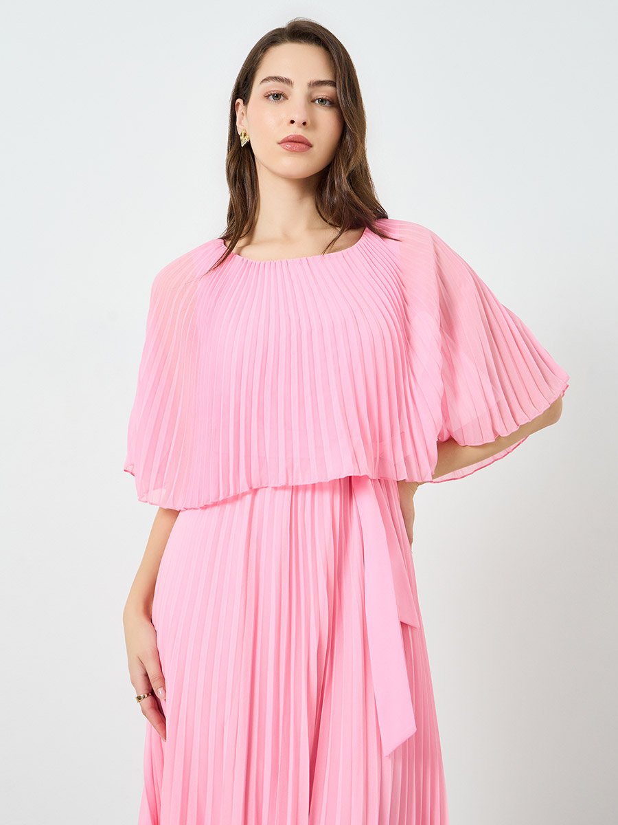 Women Pink Cape Sleeve Pleated Detail Maxi Dress