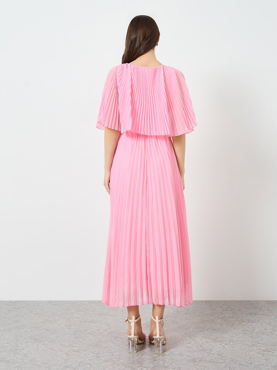 Women Pink Cape Sleeve Pleated Detail Maxi Dress