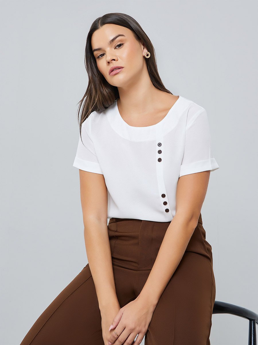 White Short Sleeve Top with Button Detail