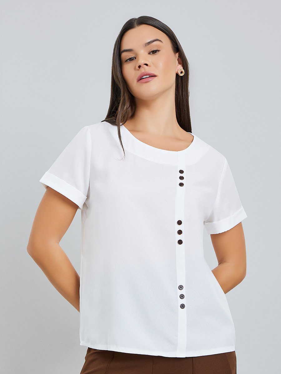 White Short Sleeve Top with Button Detail