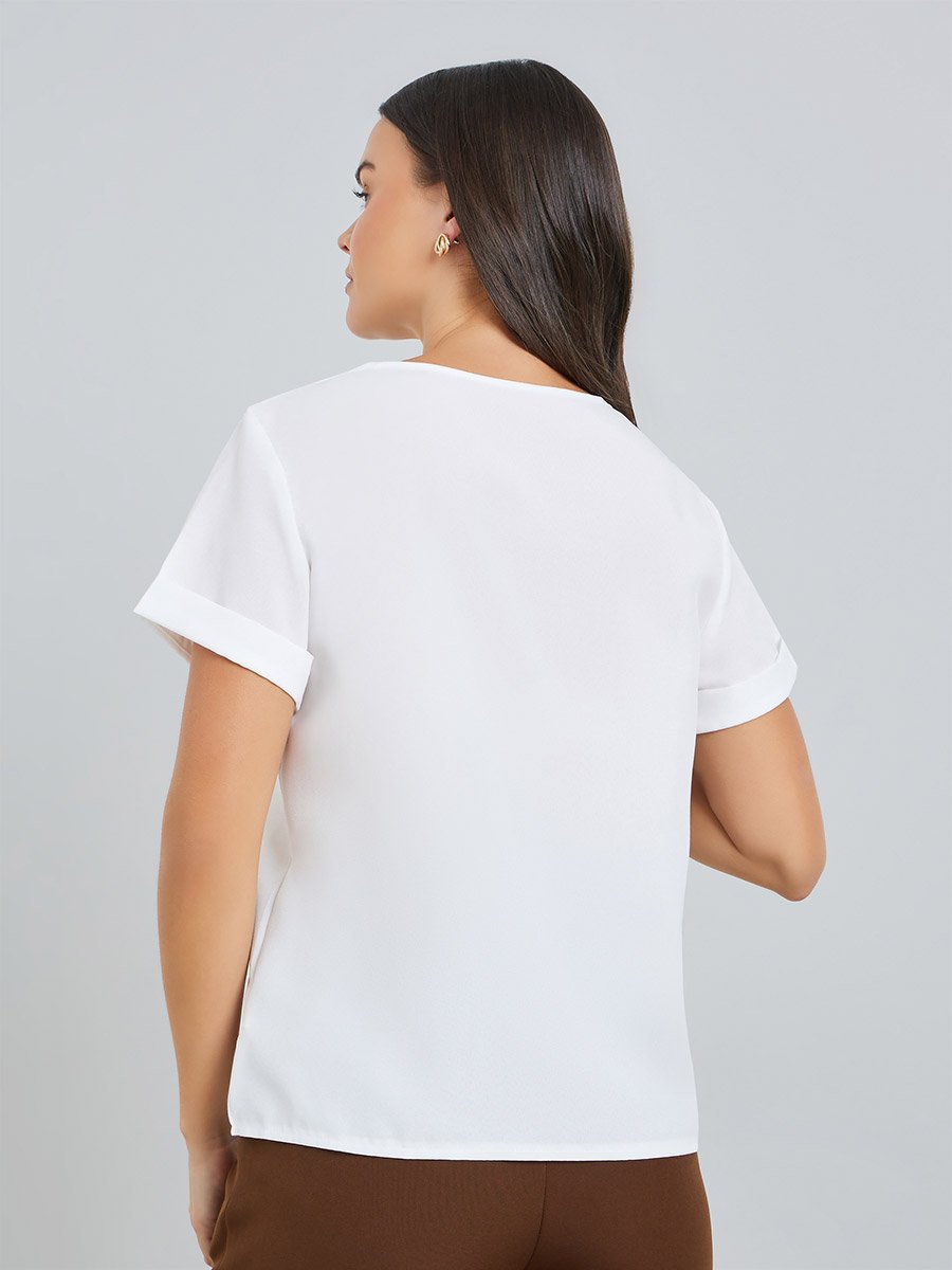 White Short Sleeve Top with Button Detail