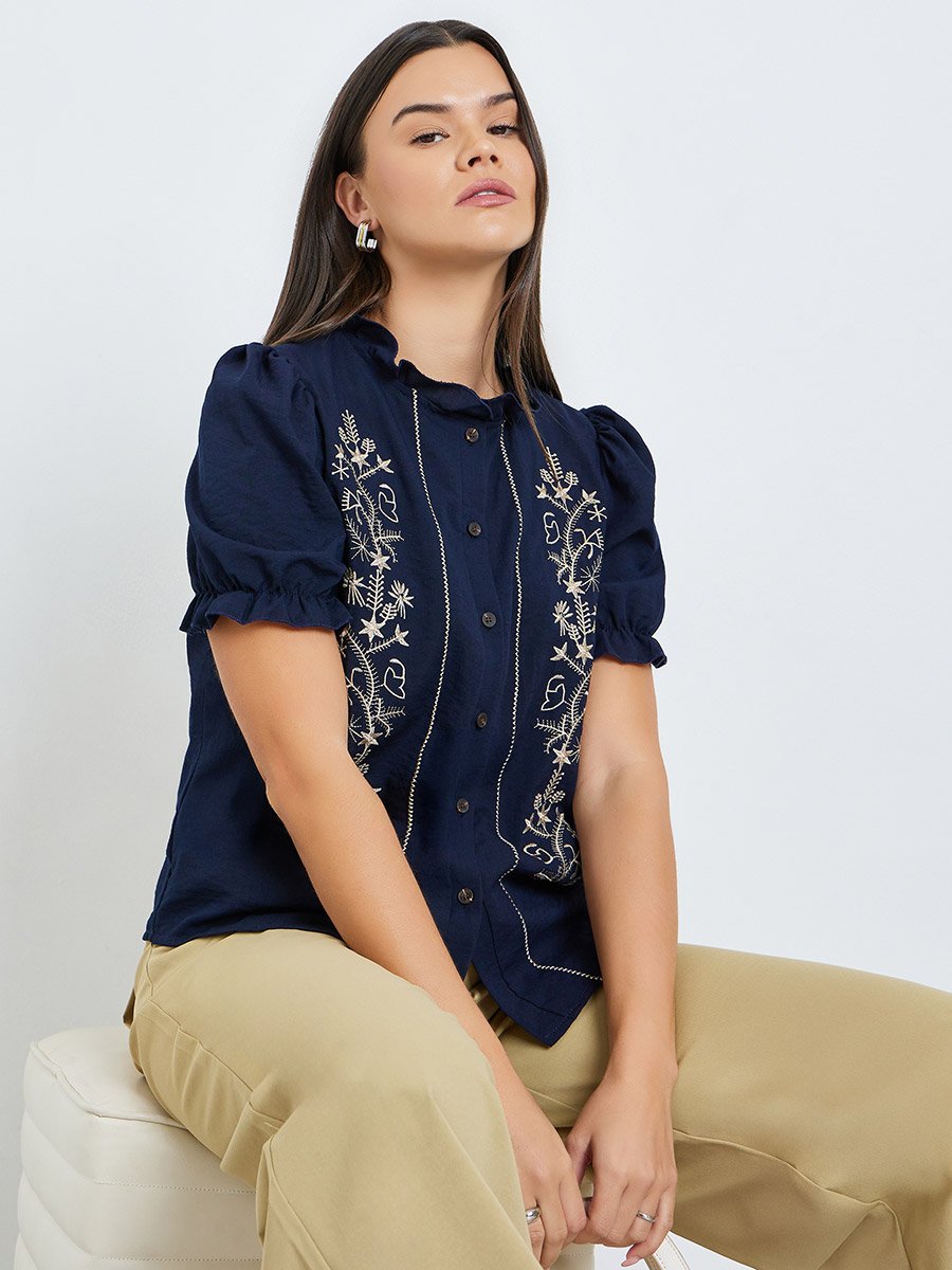 Navy Blue Embroidery Short Sleeve Top