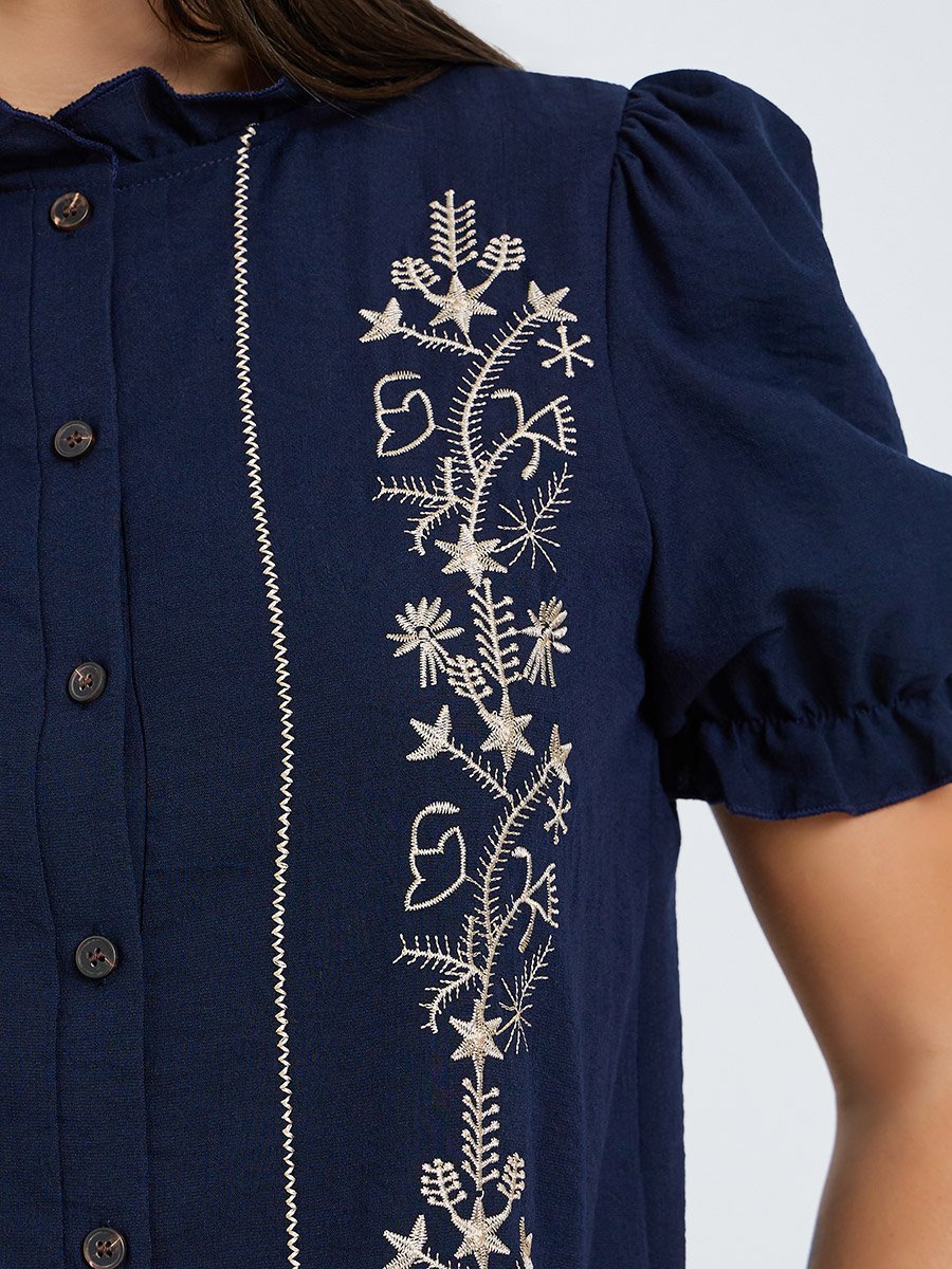 Navy Blue Embroidery Short Sleeve Top