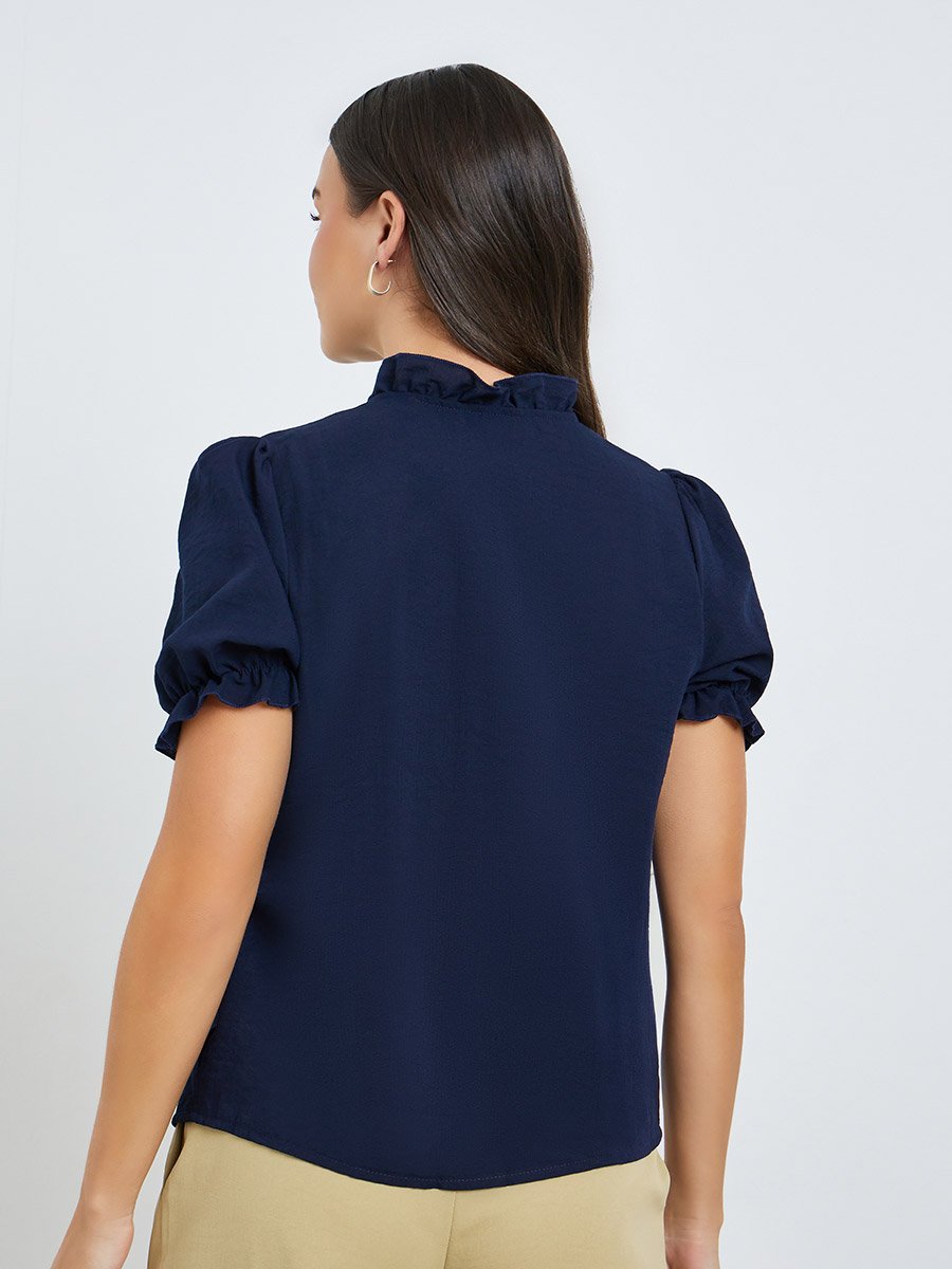 Navy Blue Embroidery Short Sleeve Top