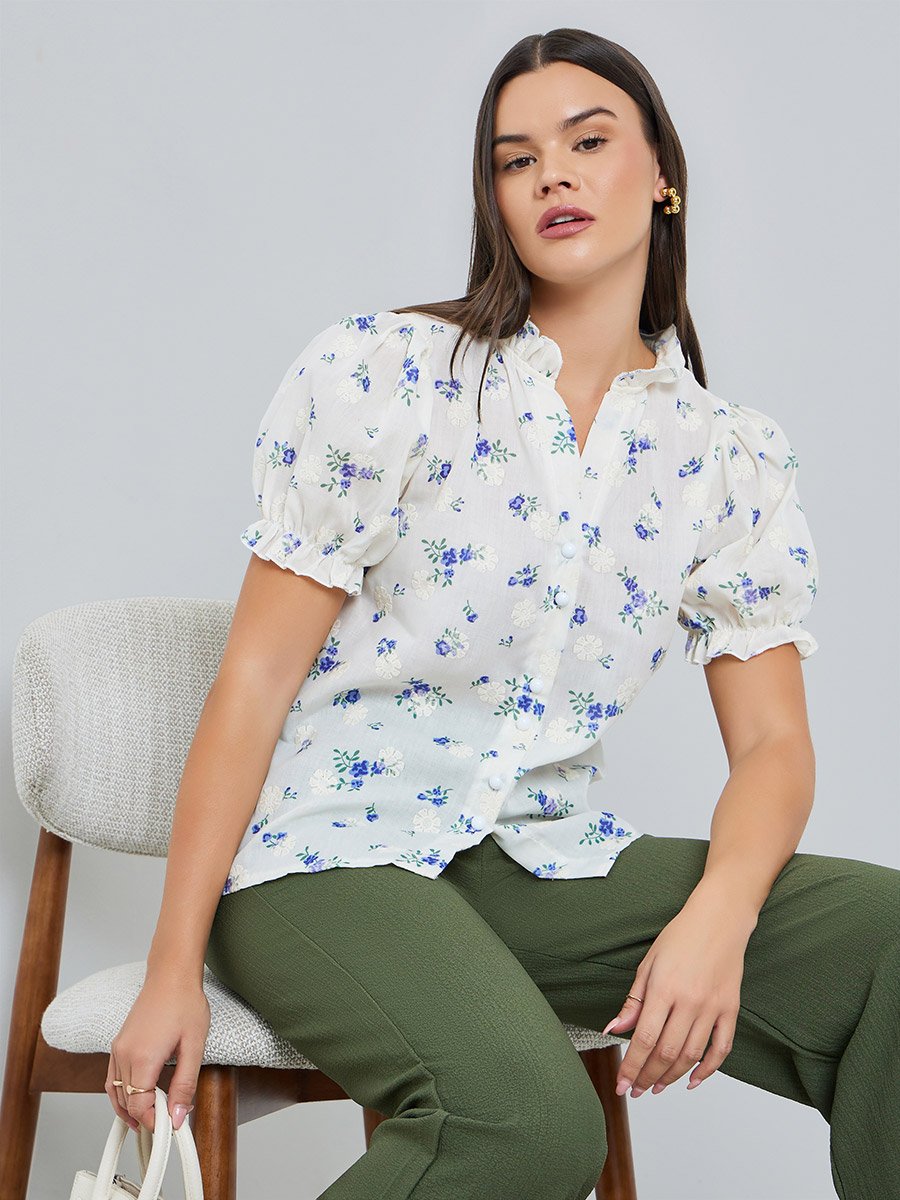 Women Floral Print Ruffled Neck Shirt