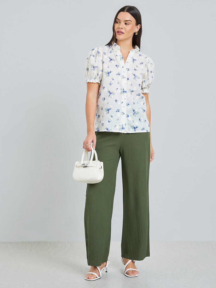 Women Floral Print Ruffled Neck Shirt