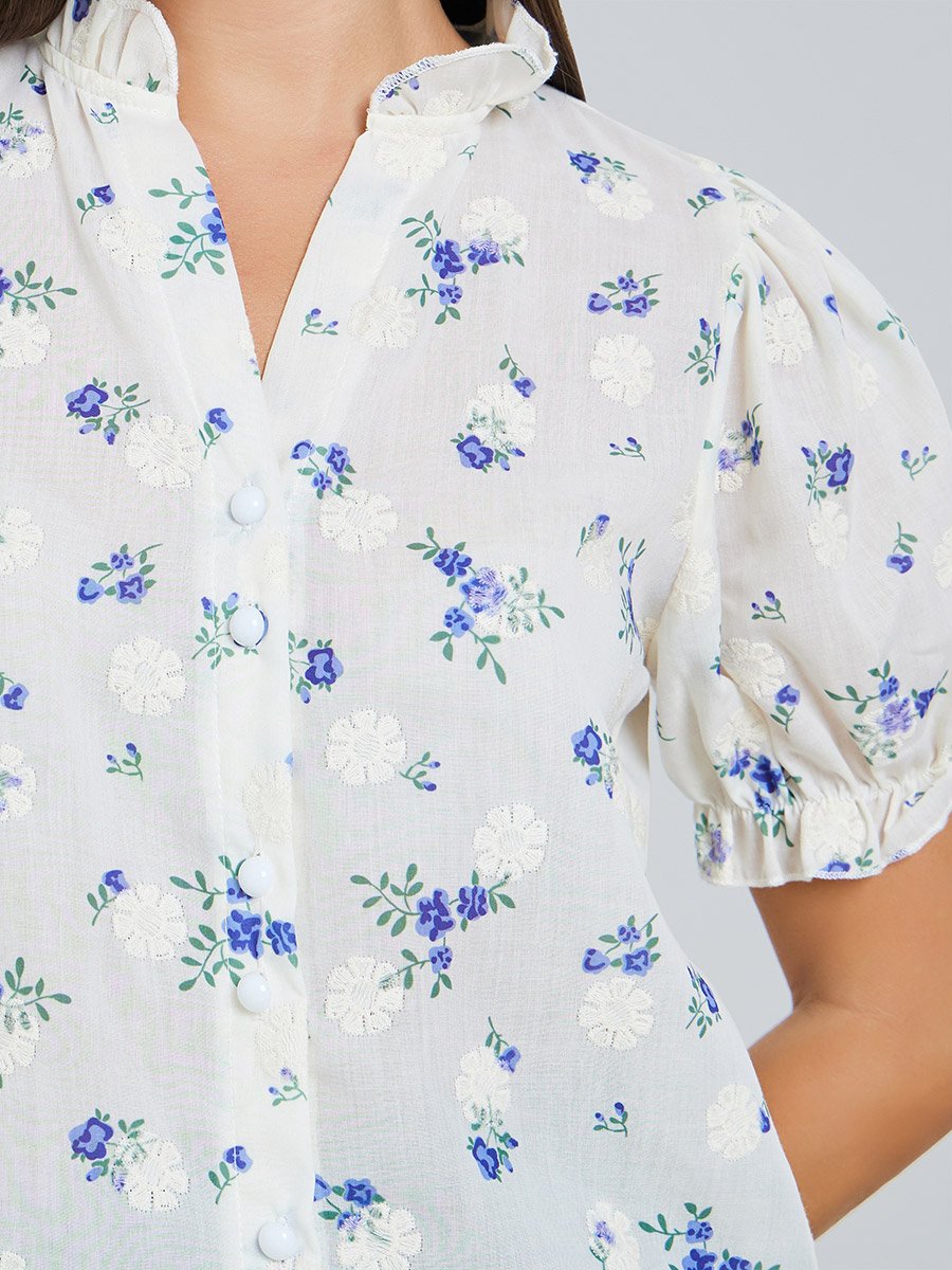 Women Floral Print Ruffled Neck Shirt