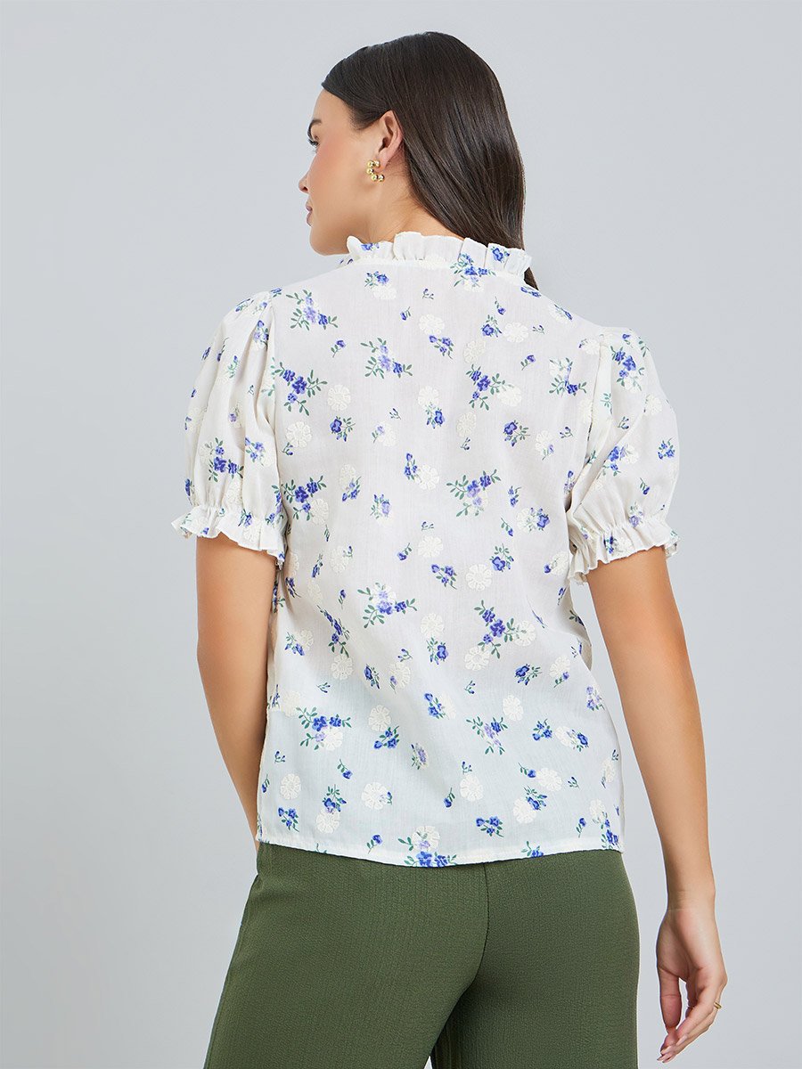 Women Floral Print Ruffled Neck Shirt