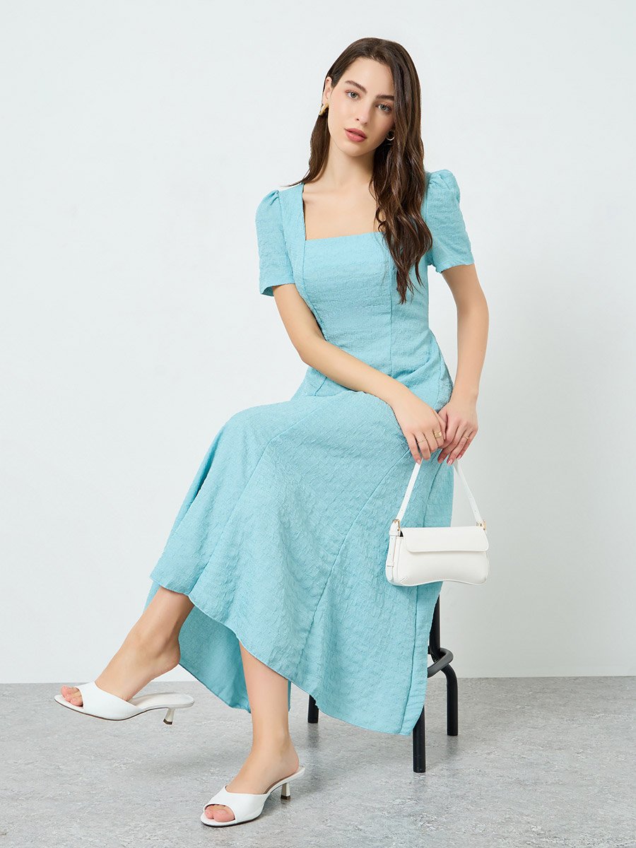 Women Teal Textured Square Neck Fitted Waist Midi Dress For Women at Kuwait  | Styli