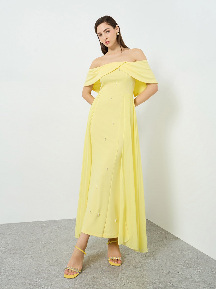 Women Yellow Faux Pearl Embellished Maxi Dress