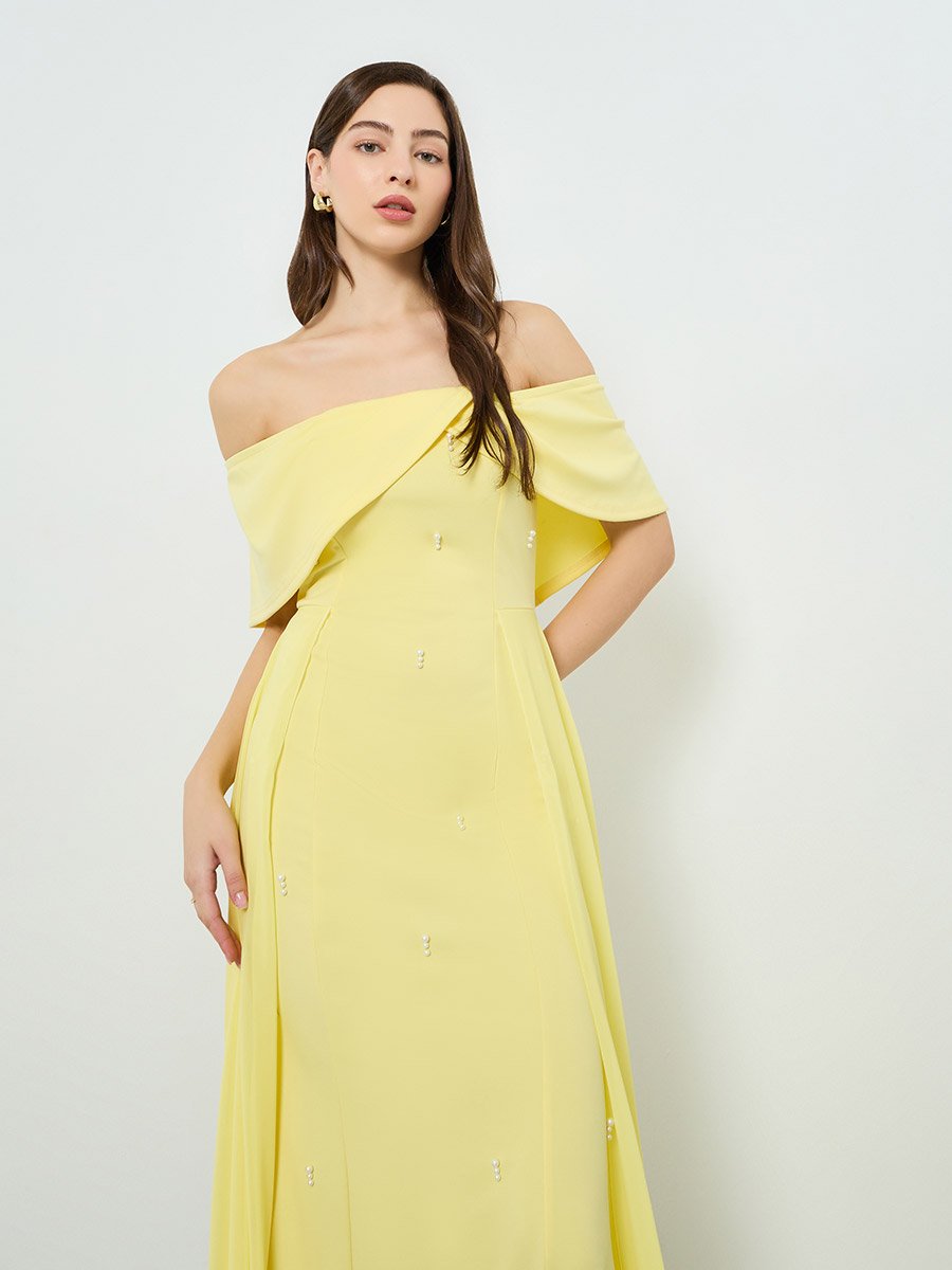Women Yellow Faux Pearl Embellished Maxi Dress