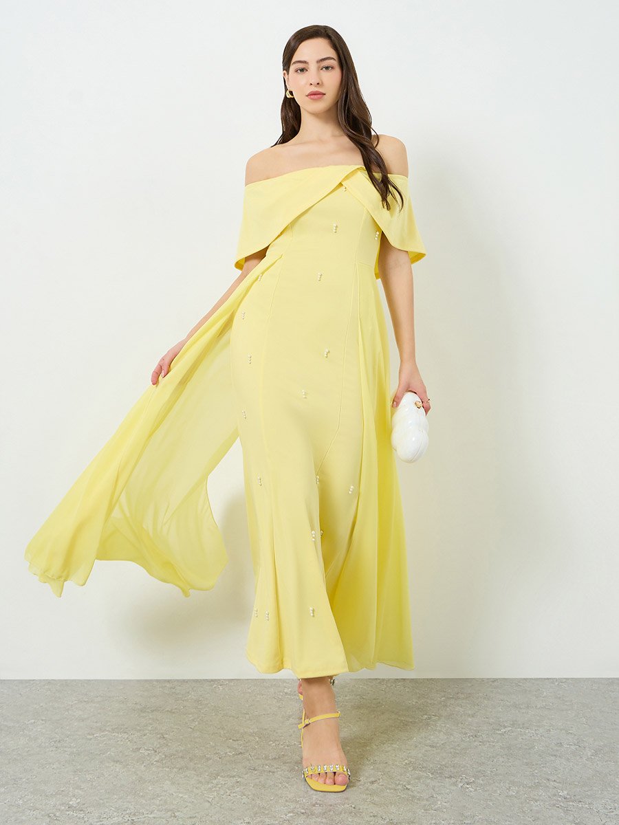 Women Yellow Faux Pearl Embellished Maxi Dress