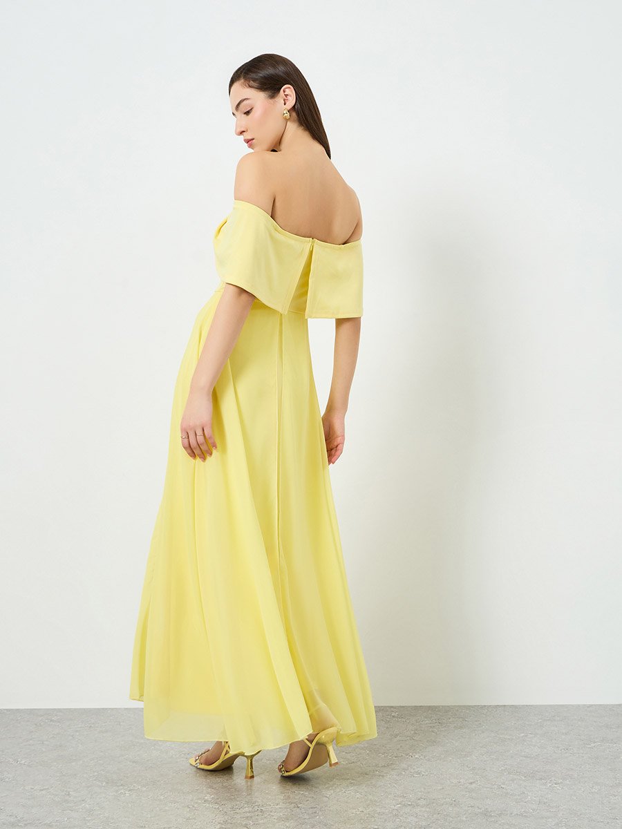 Women Yellow Faux Pearl Embellished Maxi Dress