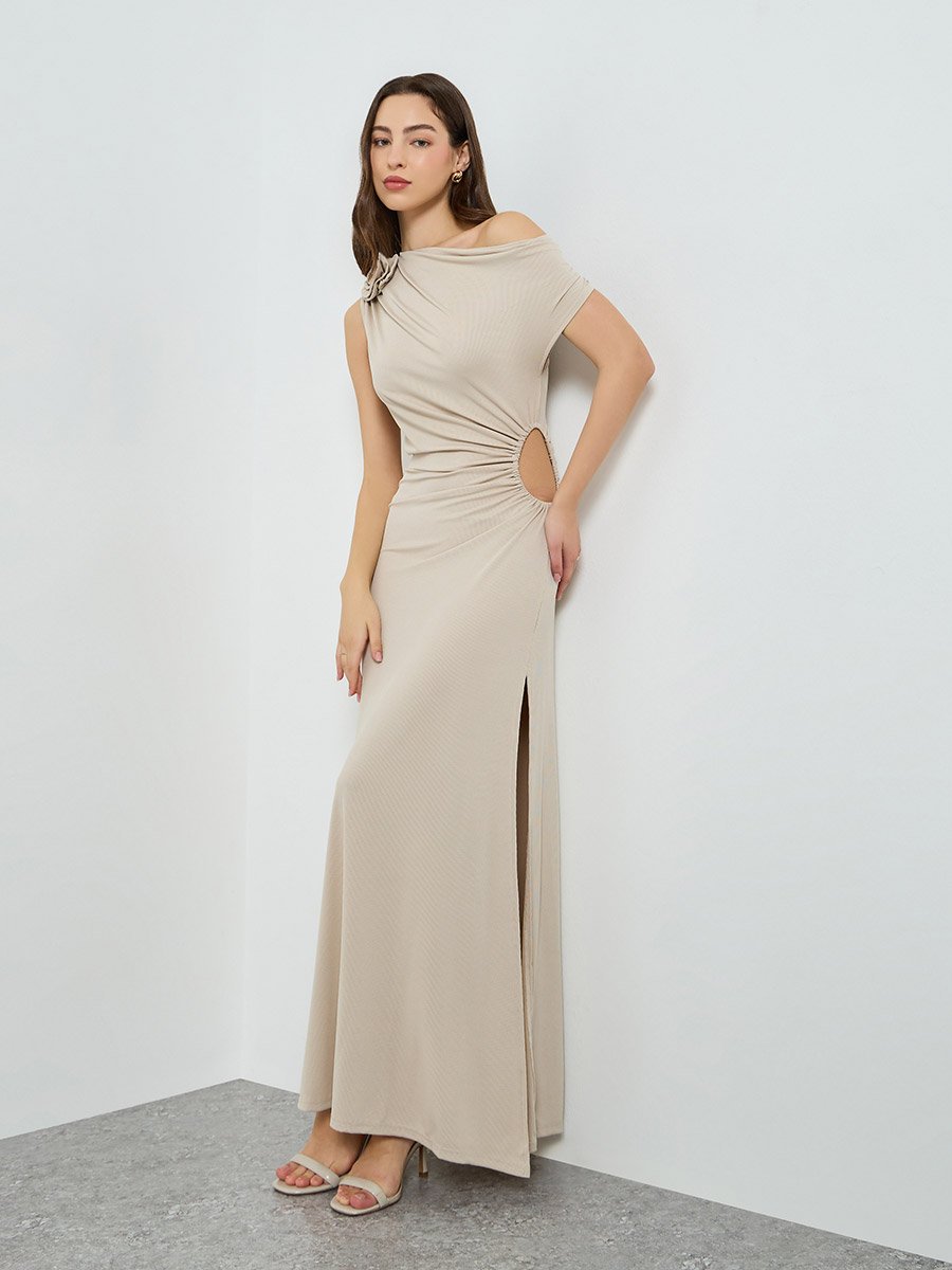 Women Beige One Shoulder Neck Bodycon Maxi Dress