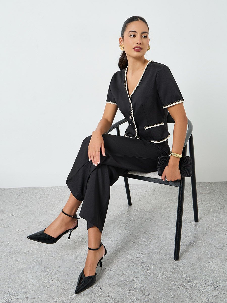 Black Button Front Contrast Piping Top and Straight Leg Pants Co-Ords