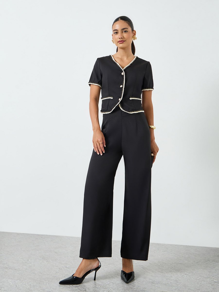 Black Button Front Contrast Piping Top and Straight Leg Pants Co-Ords