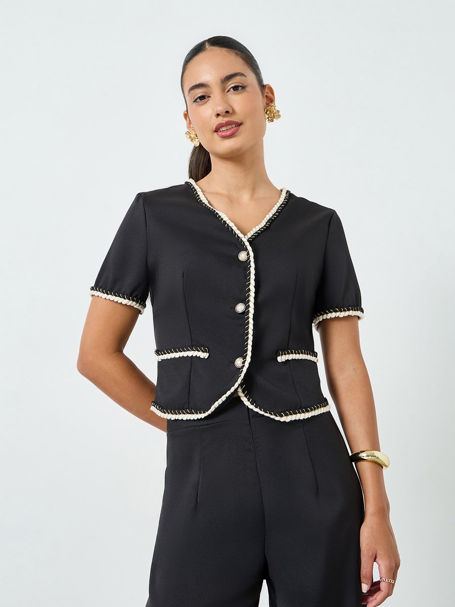 Black Button Front Contrast Piping Top and Straight Leg Pants Co-Ords