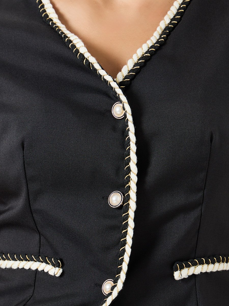 Black Button Front Contrast Piping Top and Straight Leg Pants Co-Ords