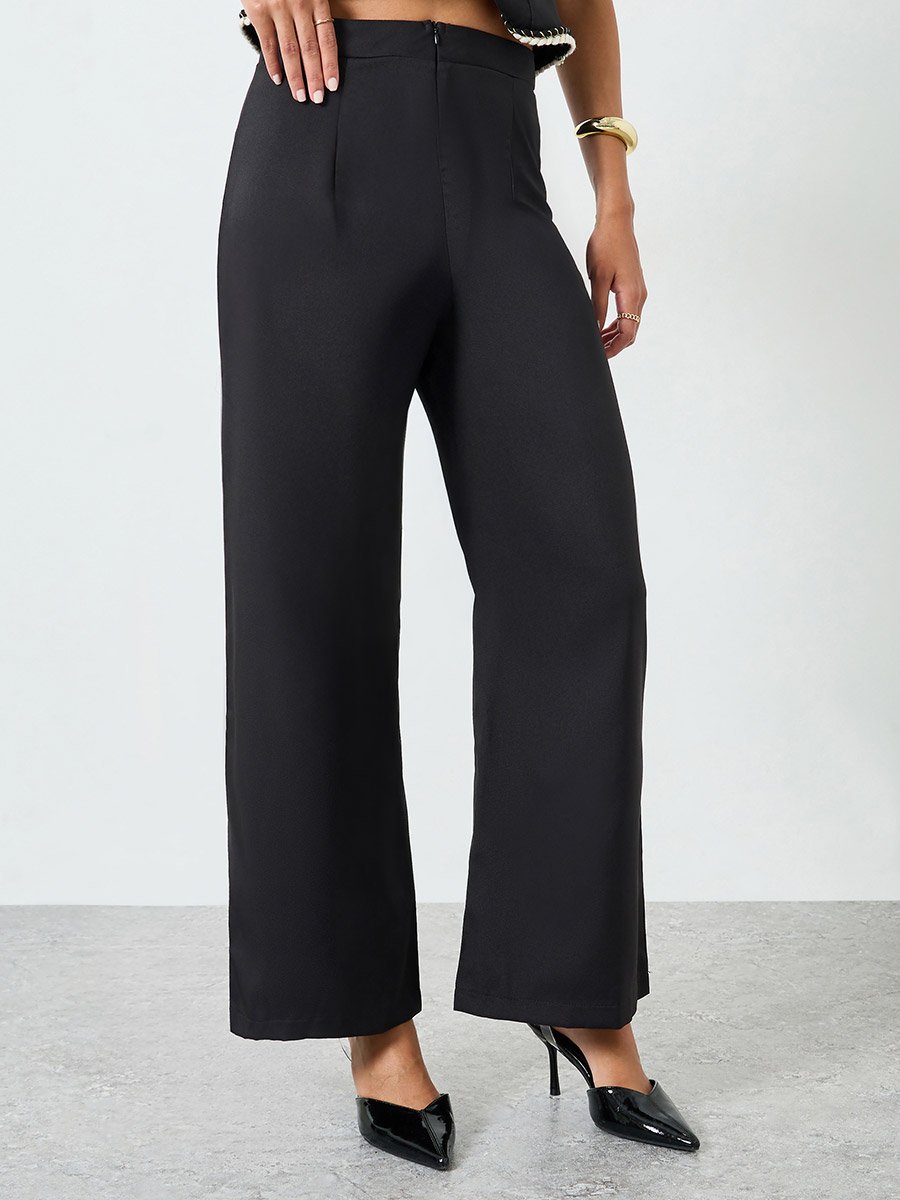 Black Button Front Contrast Piping Top and Straight Leg Pants Co-Ords