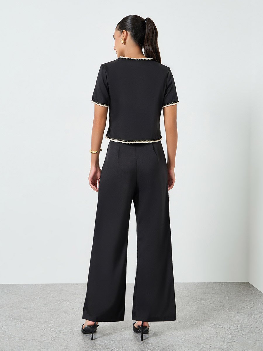 Black Button Front Contrast Piping Top and Straight Leg Pants Co-Ords