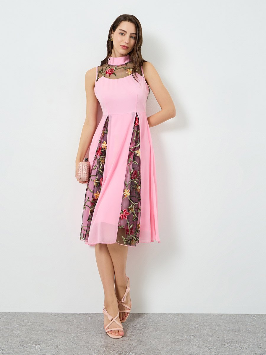 Women Pink Contrast Mesh Sleeveless Midi Dress
